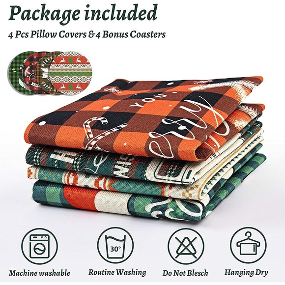 Christmas Pillow Covers 18x18 Set of 4, Ceephouge Rustic Christmas Plaid Pillow - Picture 6 of 6